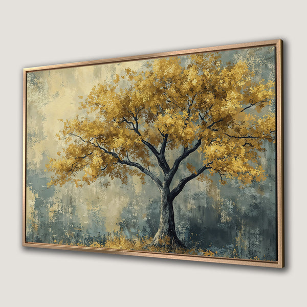 Framed Wall Art of a golden tree in an abstract style. Earthy tones of gold, gray, and blue create a calming, elegant aesthetic.