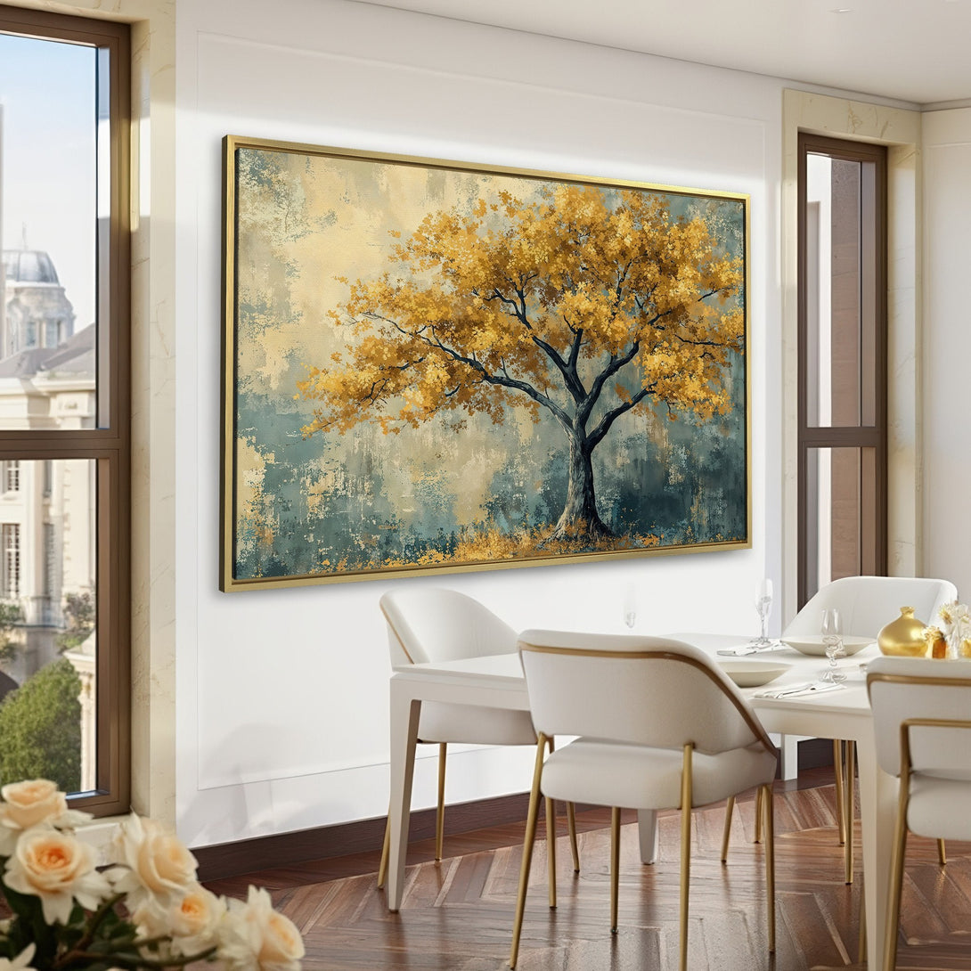 Canvas Print of a golden tree in a moody, abstract style. Earthy tones of gold, gray, and green create a sophisticated interior aesthetic.
