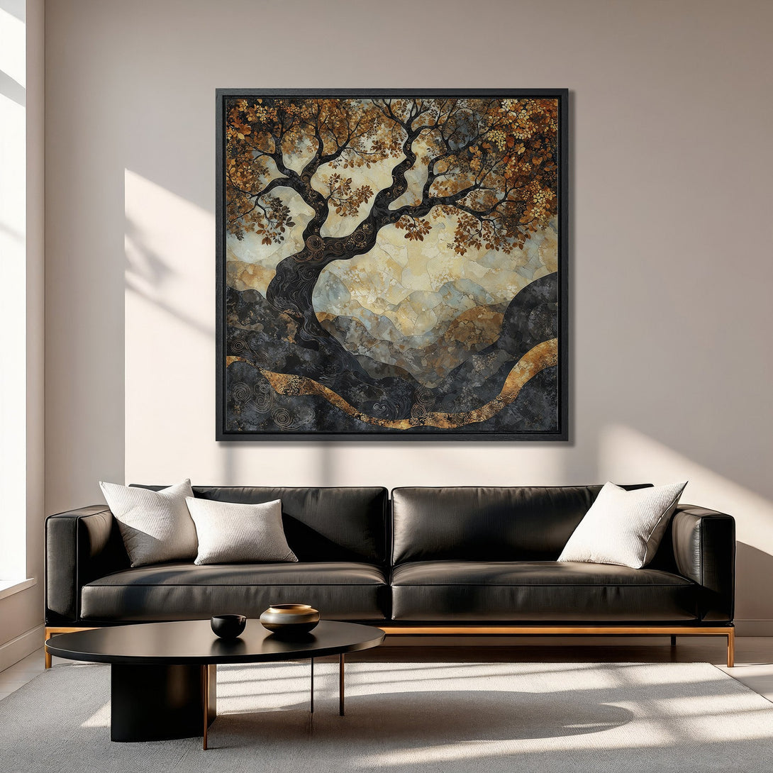 Framed Wall Art: Abstract tree art Canvas Print in warm gold and charcoal tones. Modern art for living room decor.