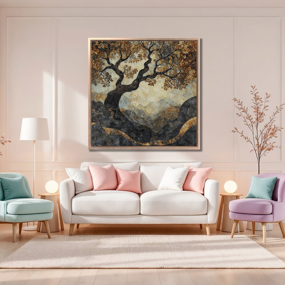 Framed Wall Art: Abstract tree art in warm gold and black tones. Modern decor with a neutral color palette, perfect for living room or bedroom.