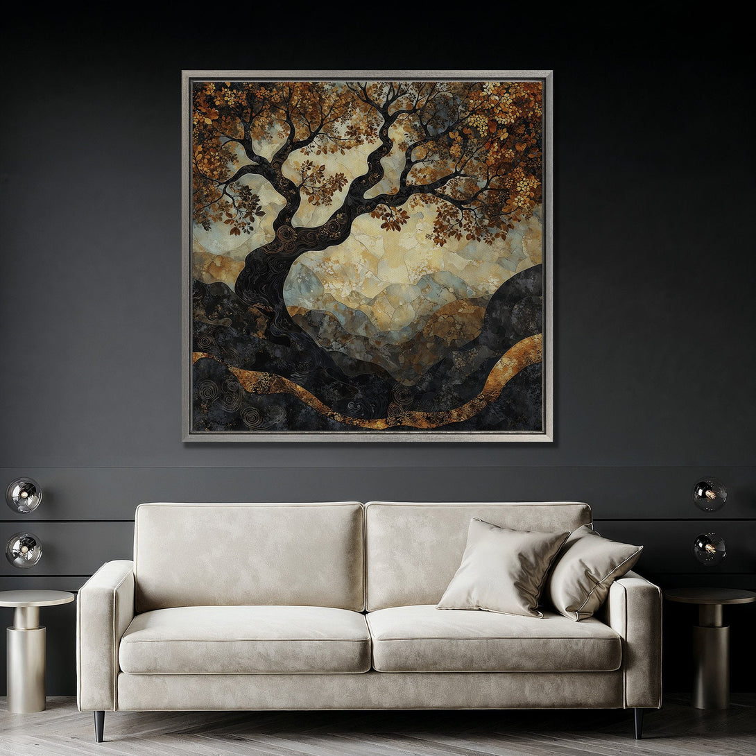 Framed Wall Art featuring a stylized tree in a warm, earthy color palette. Perfect for adding a touch of nature and elegance to your living space.