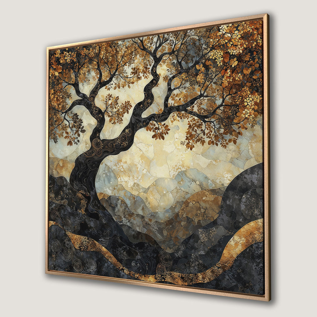 Framed Wall Art: Abstract tree art in gold, black, and brown tones. Modern canvas print for a stylish home decor upgrade.