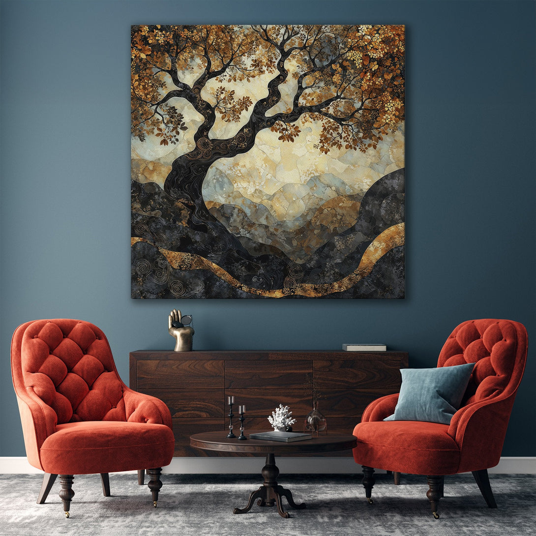Framed Wall Art: Abstract tree art in warm gold, black, and beige tones. Modern canvas print adds elegance to any interior. Shop now!