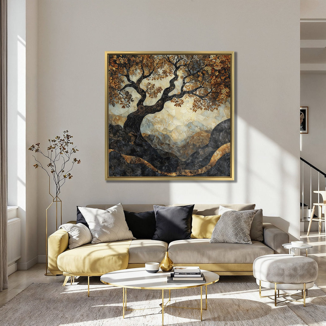 Canvas Print of an abstract tree art piece in a modern interior. Features a warm color palette of gold, brown, and black. Perfect for home decor.
