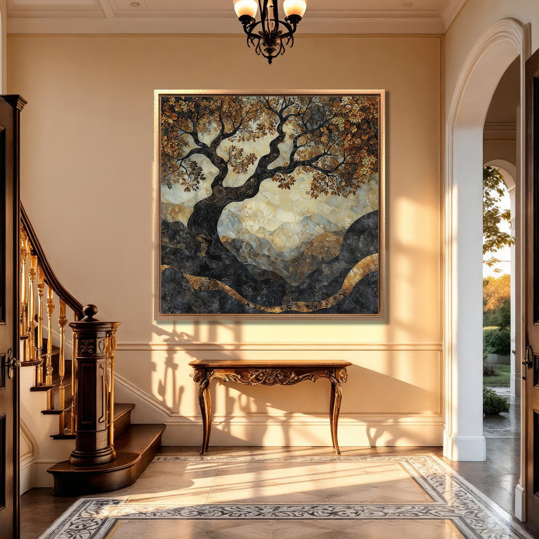 Framed Wall Art: Abstract tree art in a neutral color palette of gold, black, and beige, displayed in a luxurious interior. Enhance your home decor!