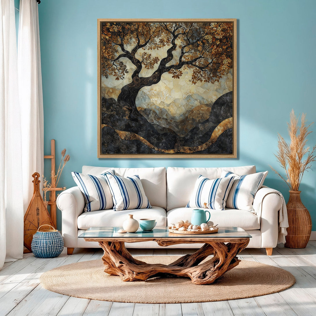 Framed Wall Art: Abstract tree art print in warm gold & black tones. Modern canvas print adds elegance to living room decor. Shop now for stylish wall art!