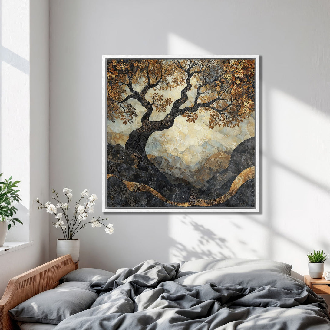 Framed Wall Art featuring an abstract tree in earthy tones. Perfect for bedroom decor! Adds a touch of nature and elegance to any space.