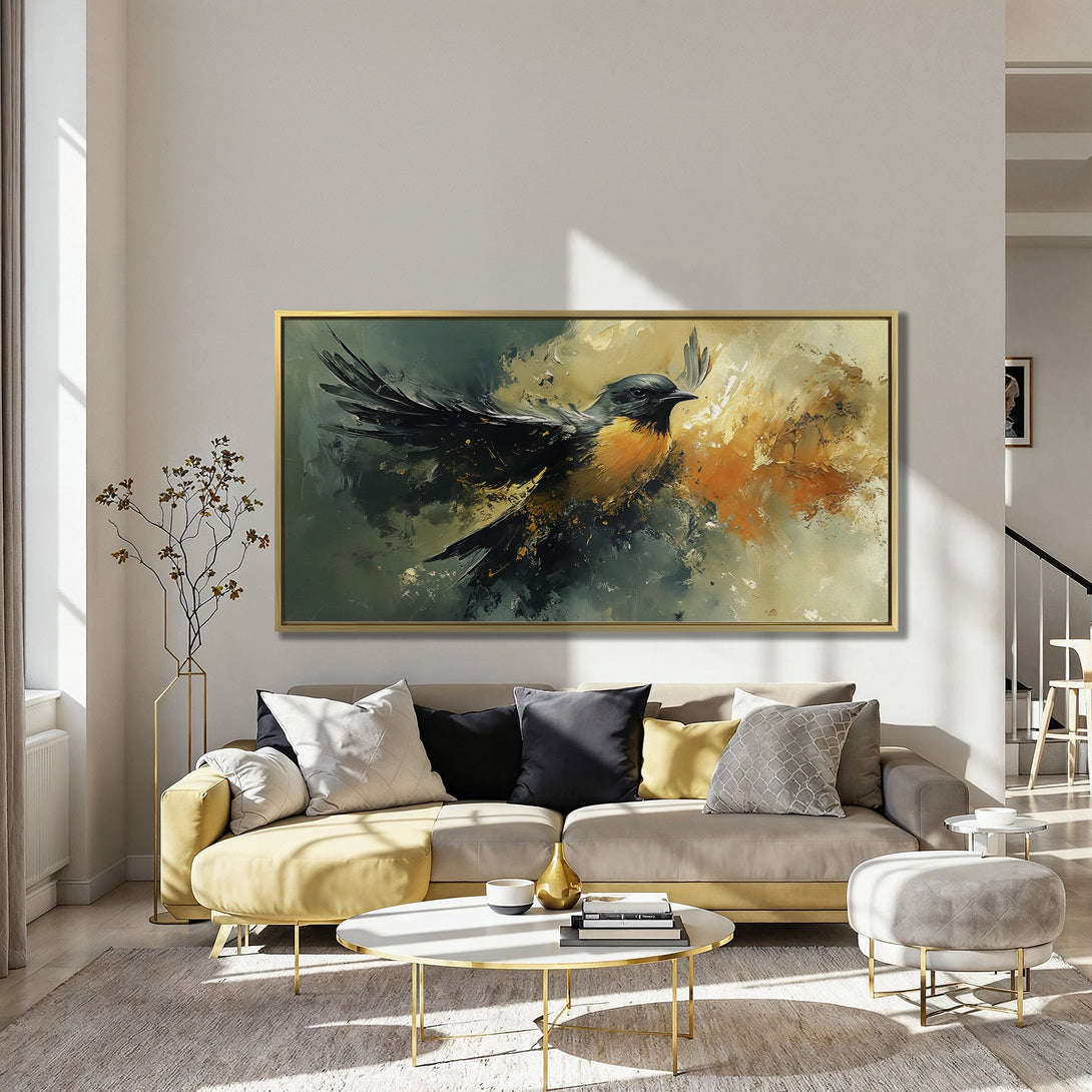 Abstract Canvas Print of a bird in flight. Features a warm, earthy color palette. Modern art for your home decor.
