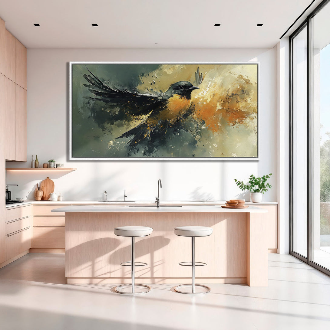 Framed Wall Art: Abstract bird painting in a modern kitchen. Features a black, gold, and olive green color palette, adding artistic flair to any space.