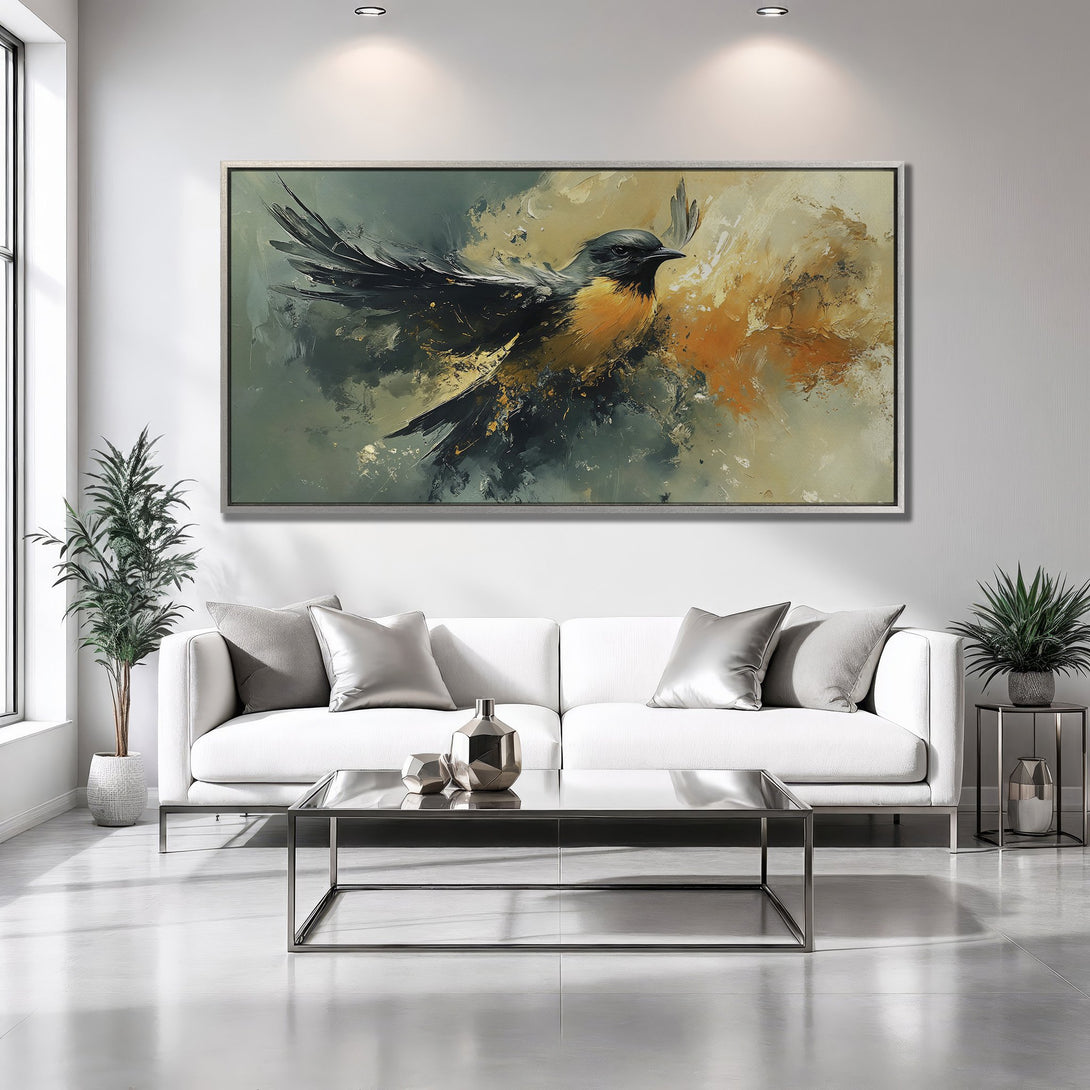 Framed Wall Art of a bird in flight, abstract style, with a palette of black, orange, and gray. Perfect for modern home decor.