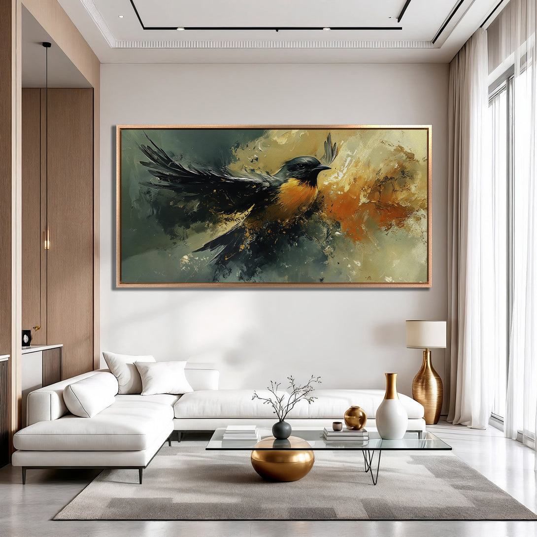 Framed Wall Art featuring a bird in flight. Abstract style with a dark, earthy color palette. Perfect for modern interior decor.