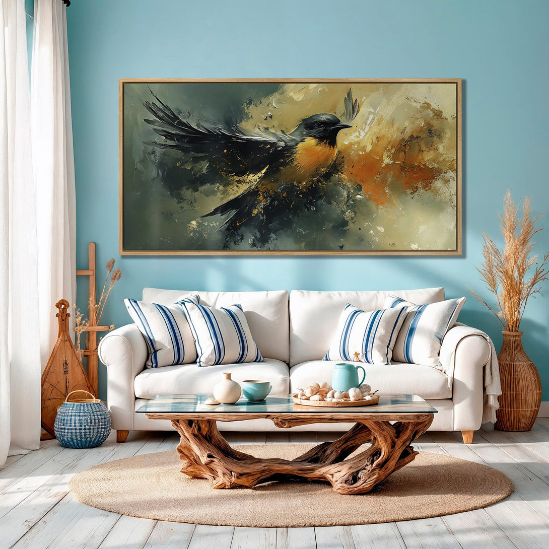 Framed Wall Art: Abstract bird painting in muted tones of black, gold, and orange. Perfect for adding a touch of nature and style to your home decor.