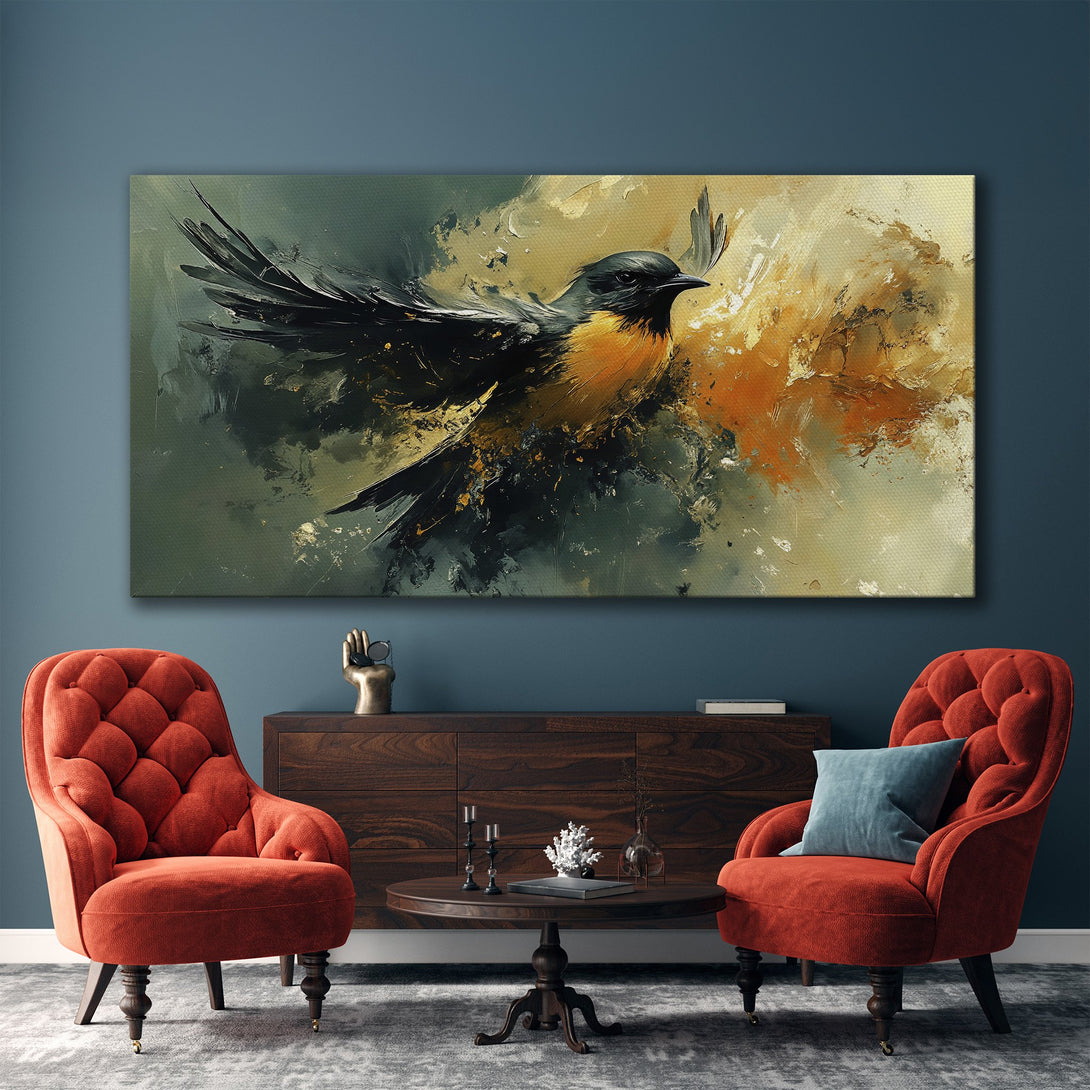 Framed Wall Art of a bird in flight, abstract style, warm color palette. Elevate your space with this stunning Canvas Print!