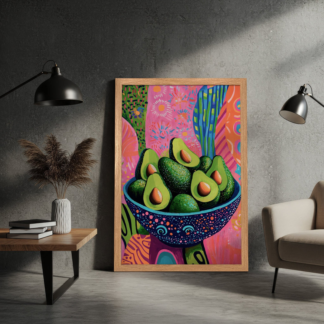 Framed Poster featuring vibrant avocado art in a colorful, modern style with a pink and green palette. Perfect wall decor!