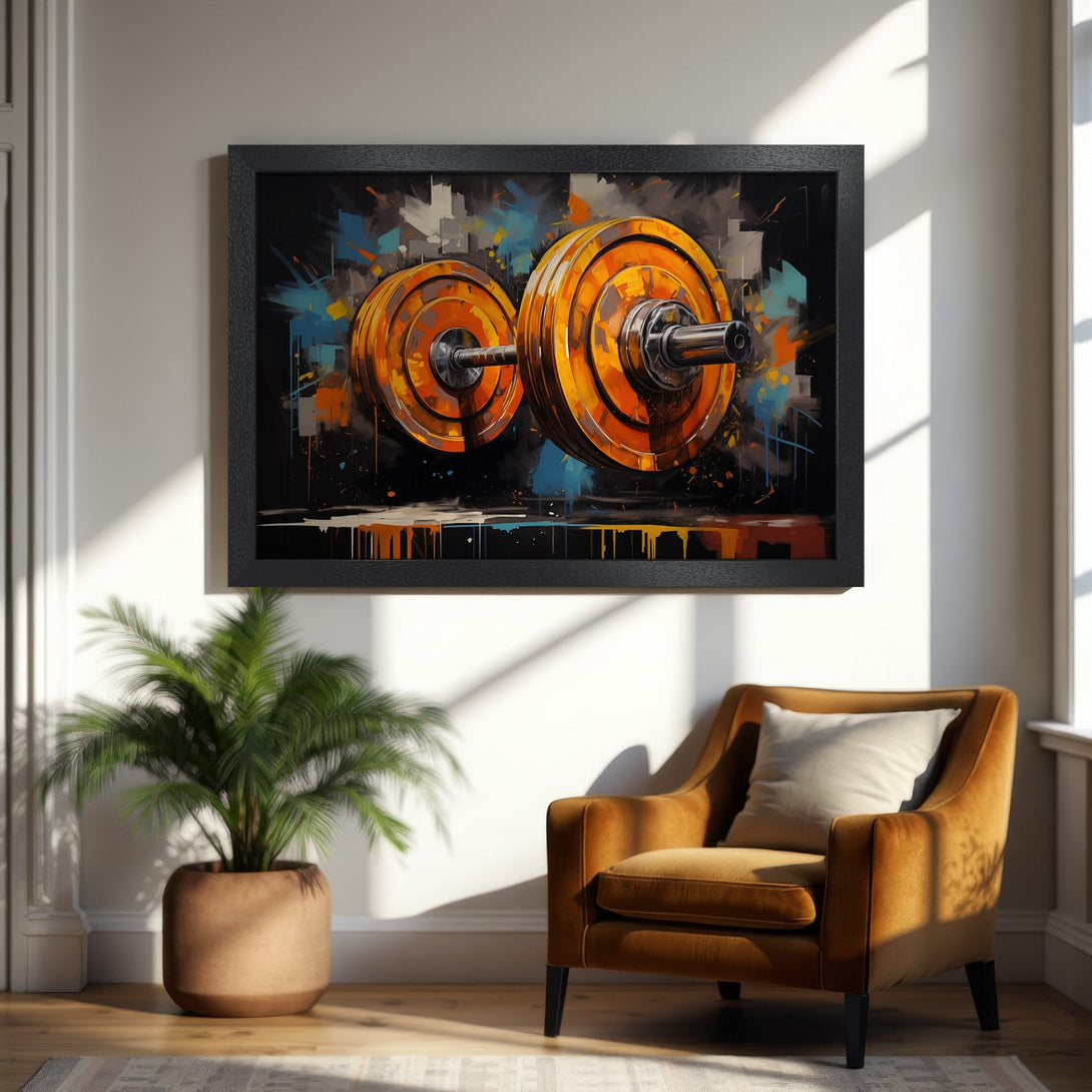 Framed Poster featuring a vibrant abstract dumbbell design in orange, blue, and black, perfect for gym decor.