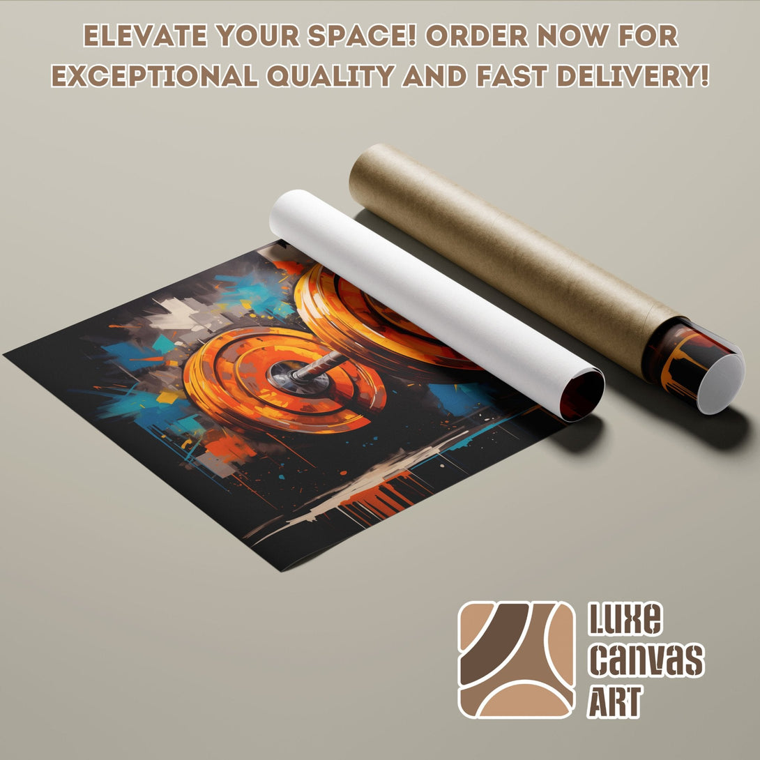 Abstract weightlifting poster roll art in orange, blue, and black. Elevate your space!