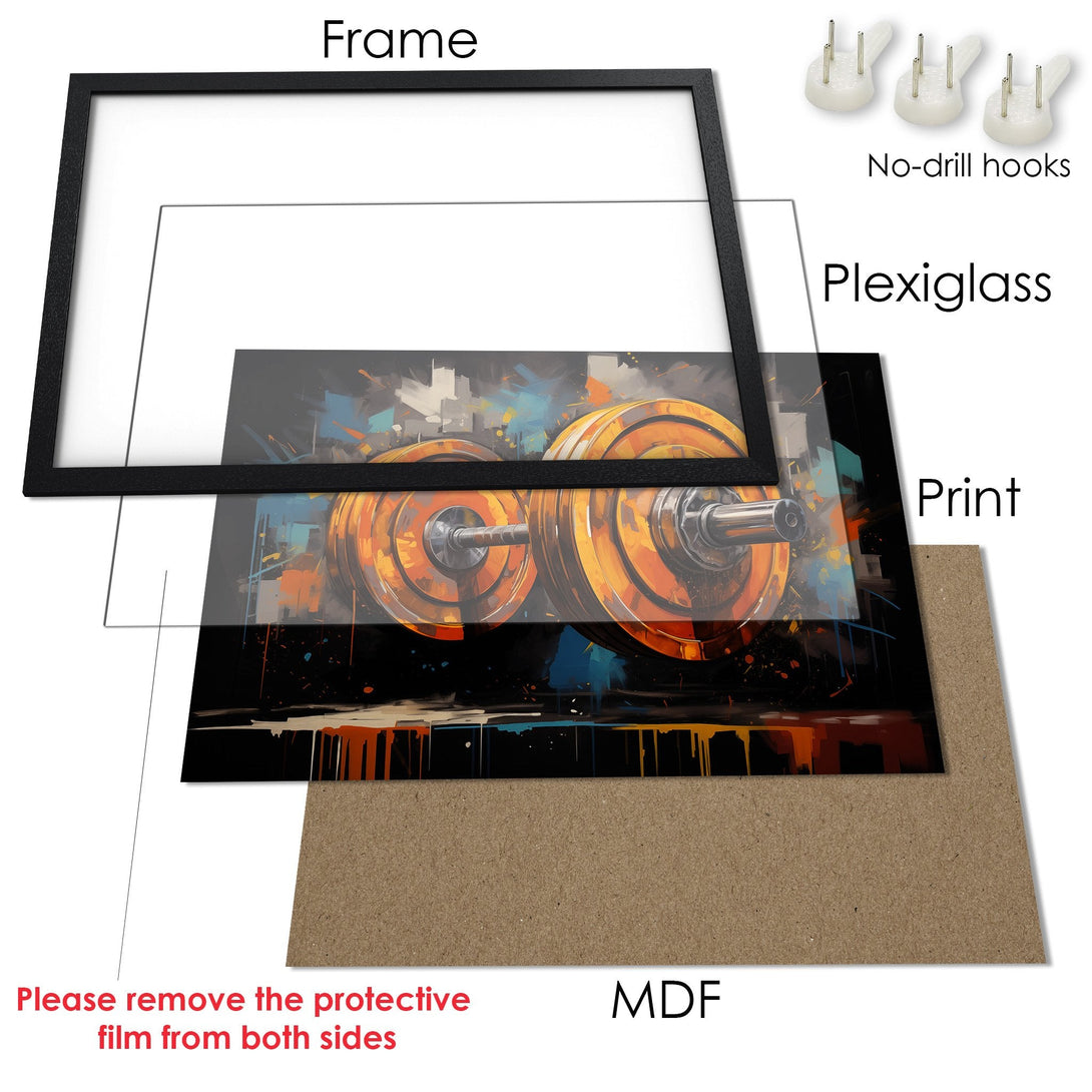 Framed Poster featuring abstract barbell art in orange, blue, and black. Perfect gym decor!