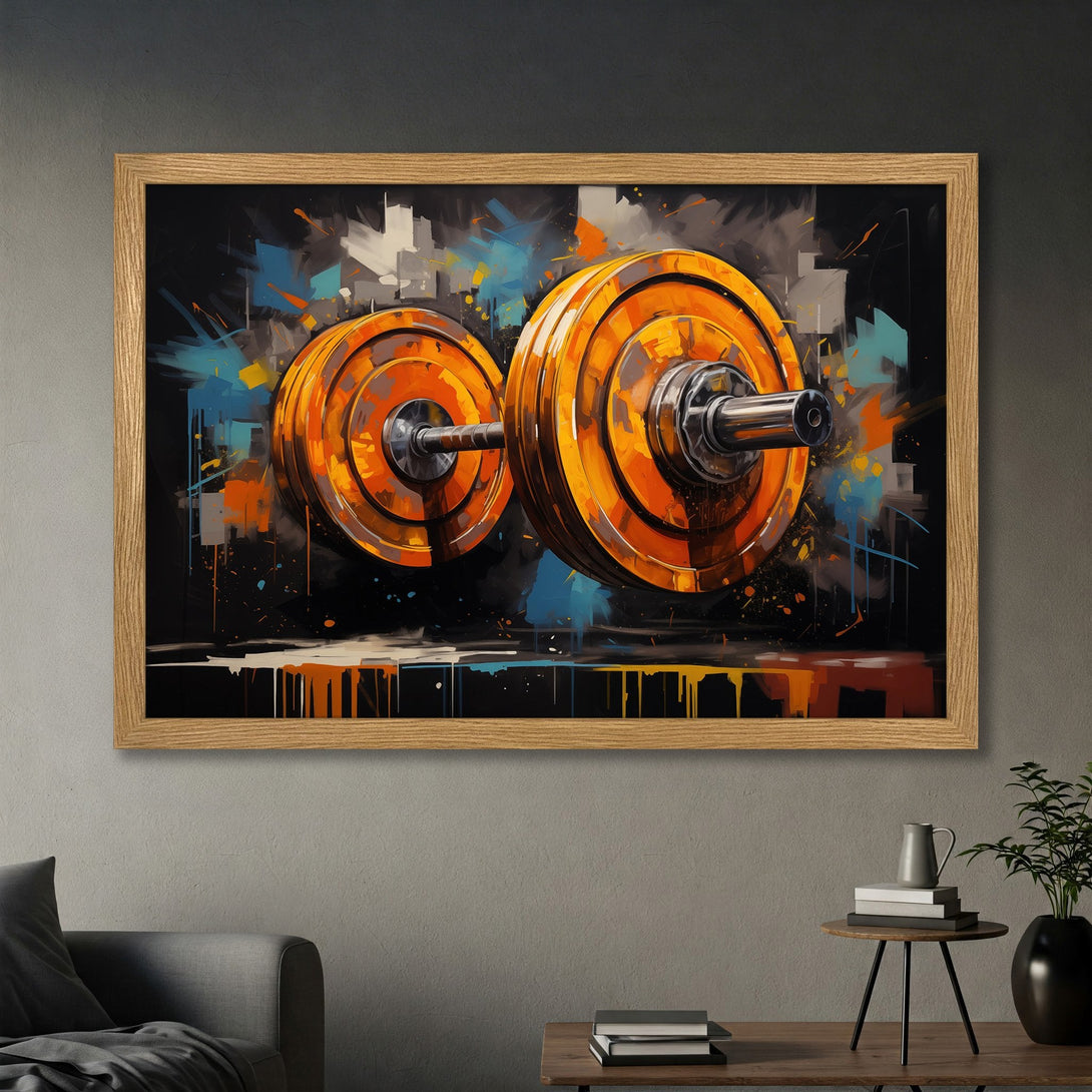 Framed Poster of a barbell in an abstract style, featuring orange, blue, and black colors. Perfect gym decor!