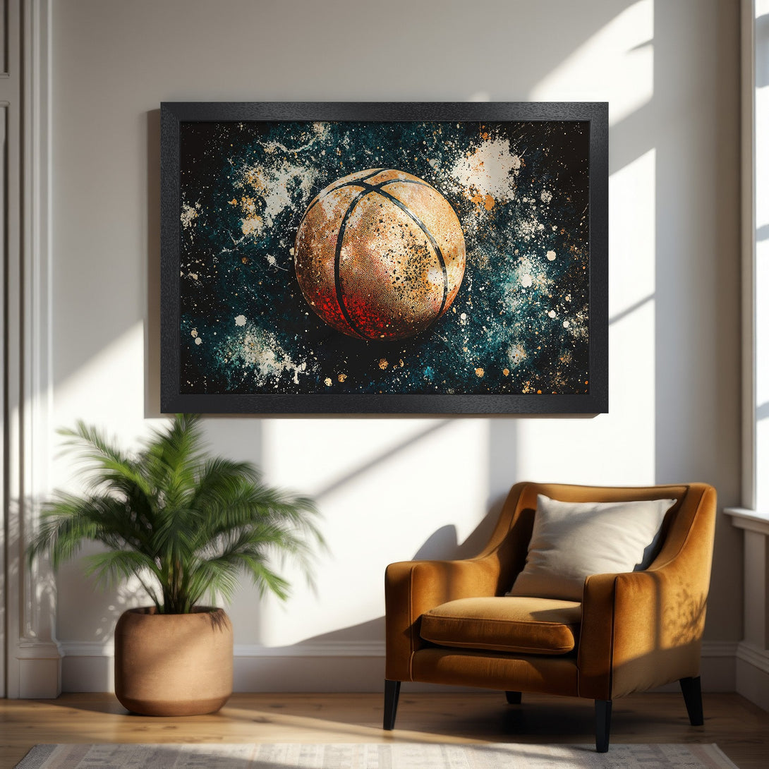 Framed Poster featuring a basketball in an abstract style with a teal, gold, and brown color palette. Perfect wall art!