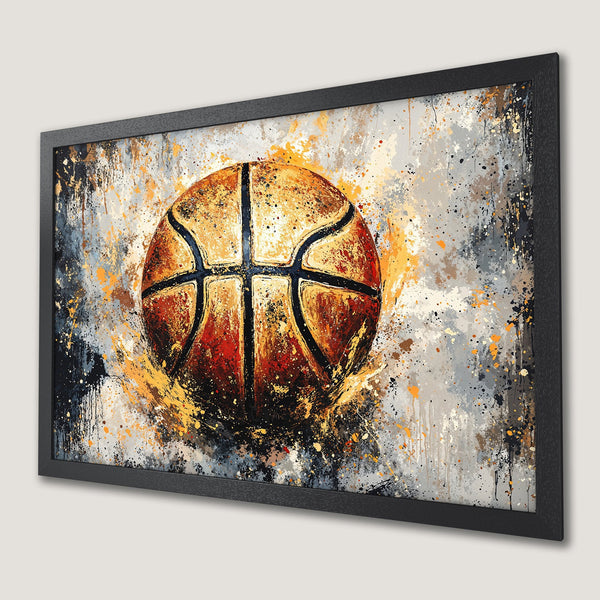 Framed Poster: Abstract basketball art in orange, black, and gray. Modern sports decor for your home or office.
