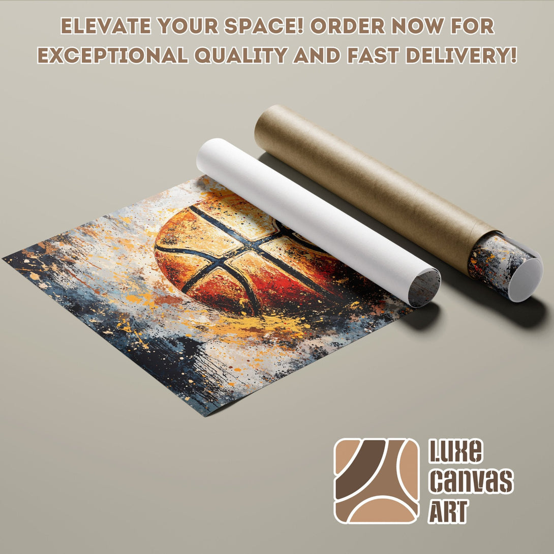 Abstract basketball Poster Roll art in blue, orange, and gray. Elevate your space!