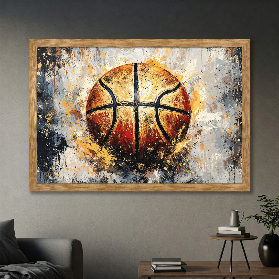 Framed Poster featuring a basketball in an abstract, splatter-paint style. Earthy tones of orange, brown, and gray create a modern aesthetic.