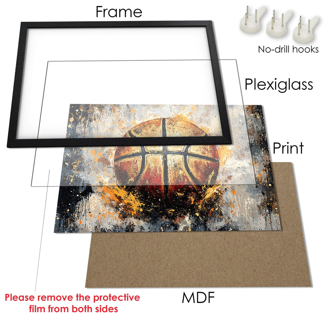 Framed Poster featuring an abstract basketball design in a gray, orange, and black color palette. Perfect wall art for sports enthusiasts!