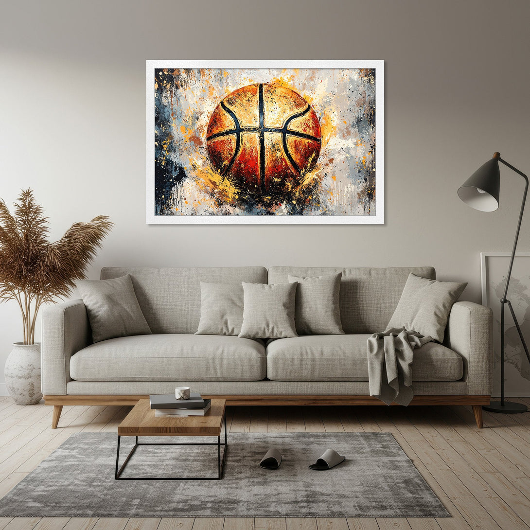 Framed Poster featuring an abstract basketball art piece in a modern style with a warm, earthy color palette. Perfect wall decor!