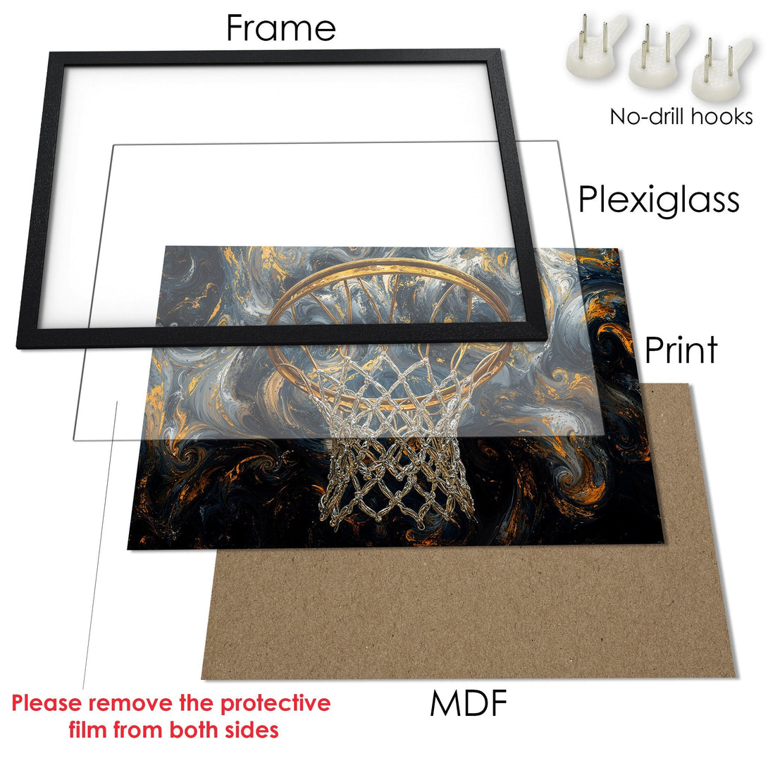 Framed Poster featuring a basketball hoop abstract art in black, gold, and gray. Elevate your space with this stylish wall art!