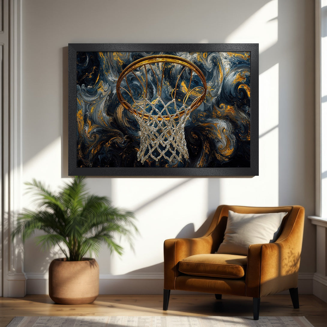 Framed Poster featuring a basketball hoop with an abstract, swirling design in navy, gold, and gray. Add a touch of art to your space!