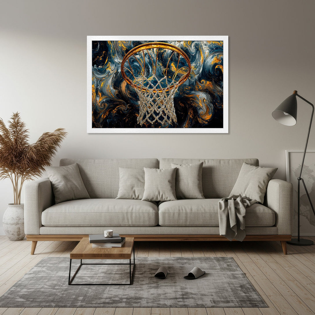 Framed Poster featuring a basketball hoop with an abstract, fluid art background in navy, gold, and gray. Modern wall art.
