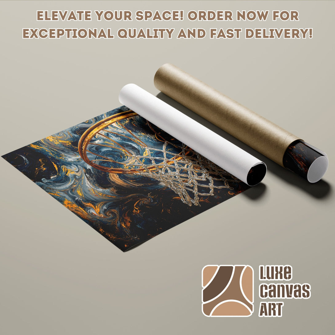 Abstract art poster roll with blue, gold, and black color palette. Elevate your space!