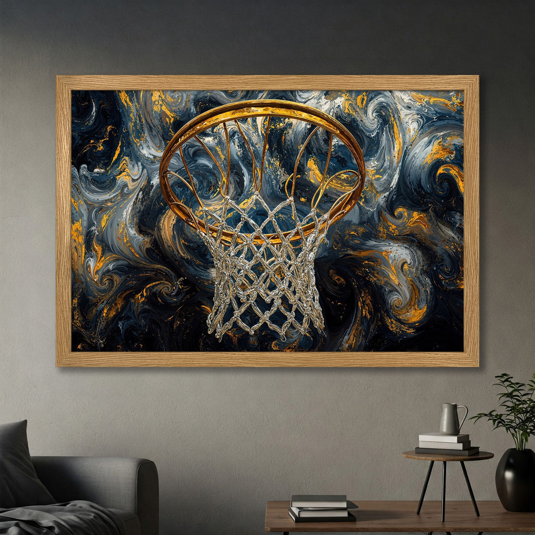 Framed Poster featuring a basketball hoop against an abstract, swirling background in navy, gold, and gray. Modern art print for home decor.