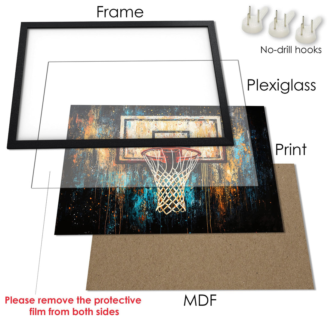 Framed Poster of basketball hoop art in an abstract style, featuring a vibrant blue, orange, and black color palette. Perfect wall decor!