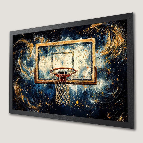 Framed Poster: Abstract basketball art in blue, gold, and black. Modern wall decor, perfect for sports fans. Elevate your space with this stylish print.