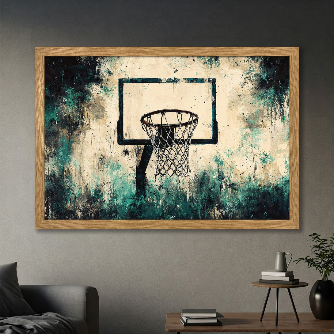 Framed Poster featuring a basketball hoop with an abstract, grunge style and a teal, black, and beige color palette. Perfect wall art!