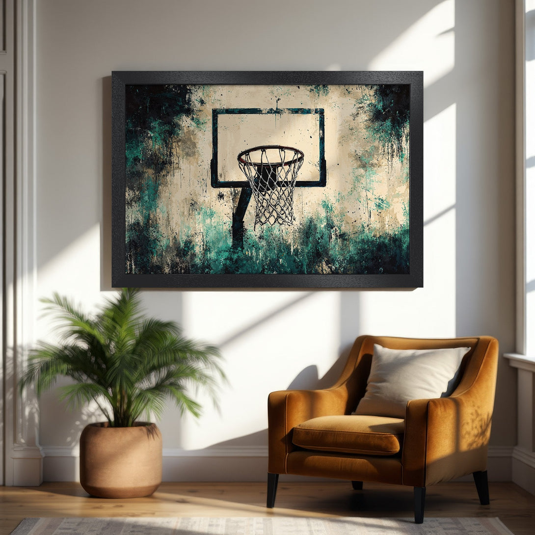 Framed Poster featuring a basketball hoop in an abstract style with teal and beige tones. Perfect wall art for sports fans!