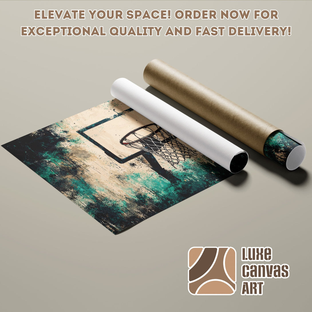 Basketball hoop art Poster Roll in abstract style, teal & beige color palette. Elevate your space!