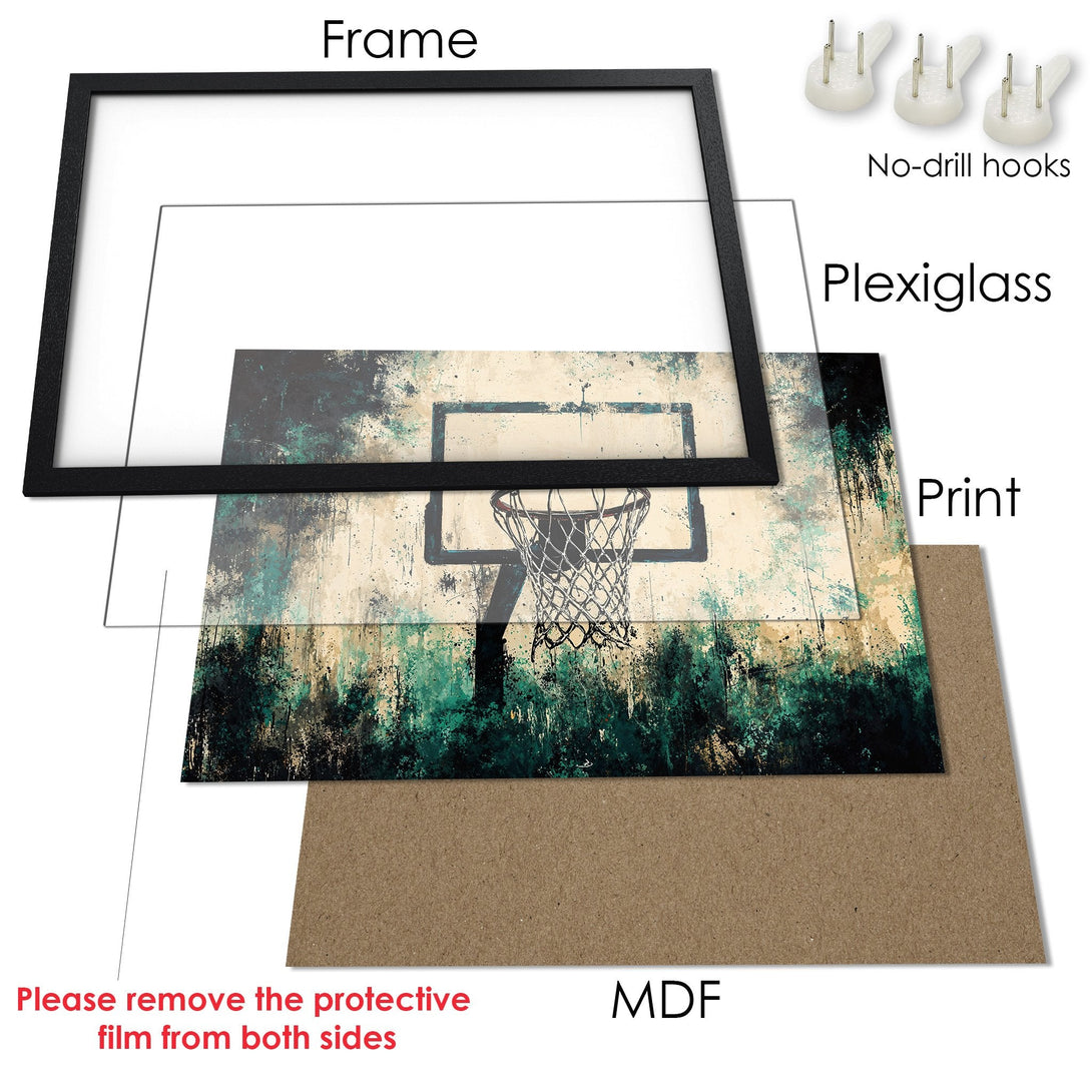 Framed Poster featuring a basketball hoop in an abstract style with a teal and beige color palette. Perfect wall art!