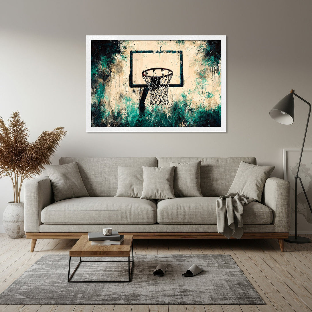Framed Poster of a basketball hoop in an abstract style with teal and beige color palette. Elevate your space with this unique art!