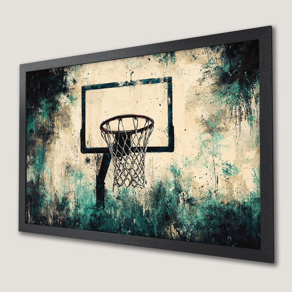 Framed Poster featuring a basketball hoop in an abstract style with teal and beige color palette. Perfect wall art!