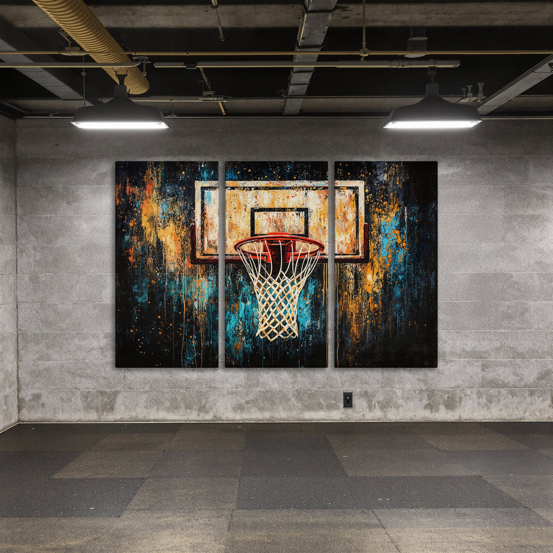 Abstract Canvas Print of a basketball hoop. Modern art style with a dark, blue, orange, and white color palette. Perfect wall art for any space!