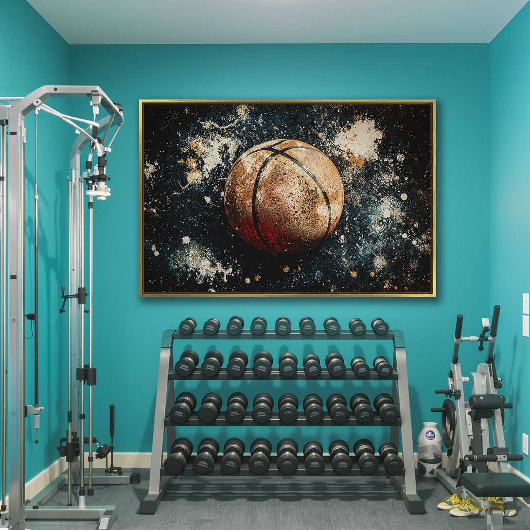 Canvas Print of a basketball in an abstract style with a teal, orange, and white color palette. Perfect wall art for a gym or sports-themed space.