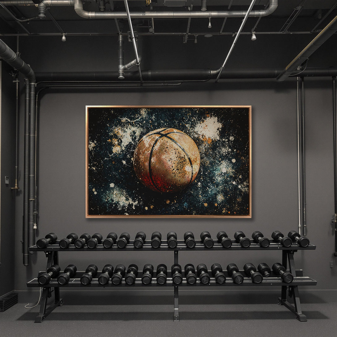 Framed Wall Art: Abstract basketball art print in a modern gym setting. Features a dark, moody color palette with teal, orange, and black. Elevate your space!