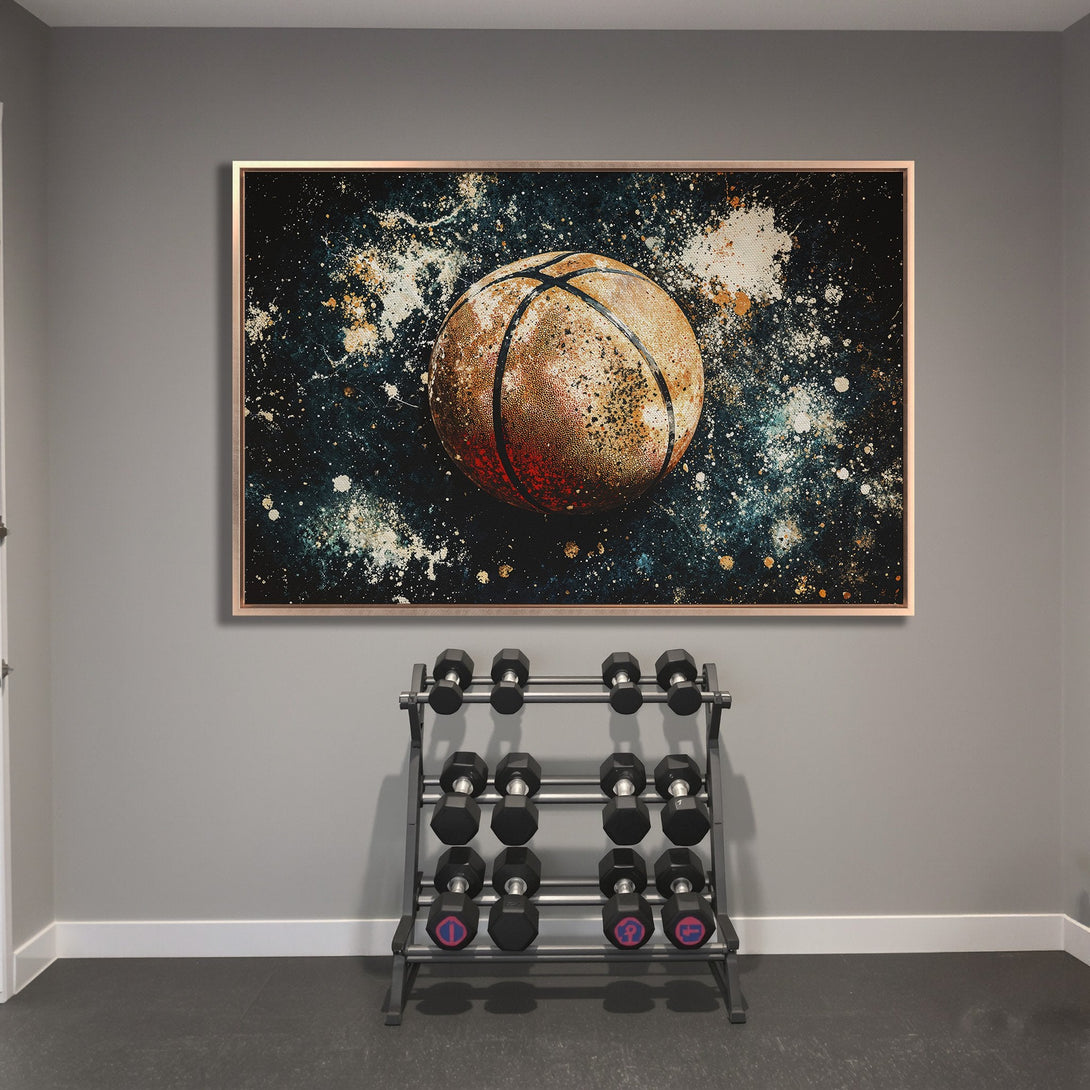 Framed Wall Art: Abstract basketball art in a modern style with a teal, orange, and gold color palette. Perfect for a sports-themed space.