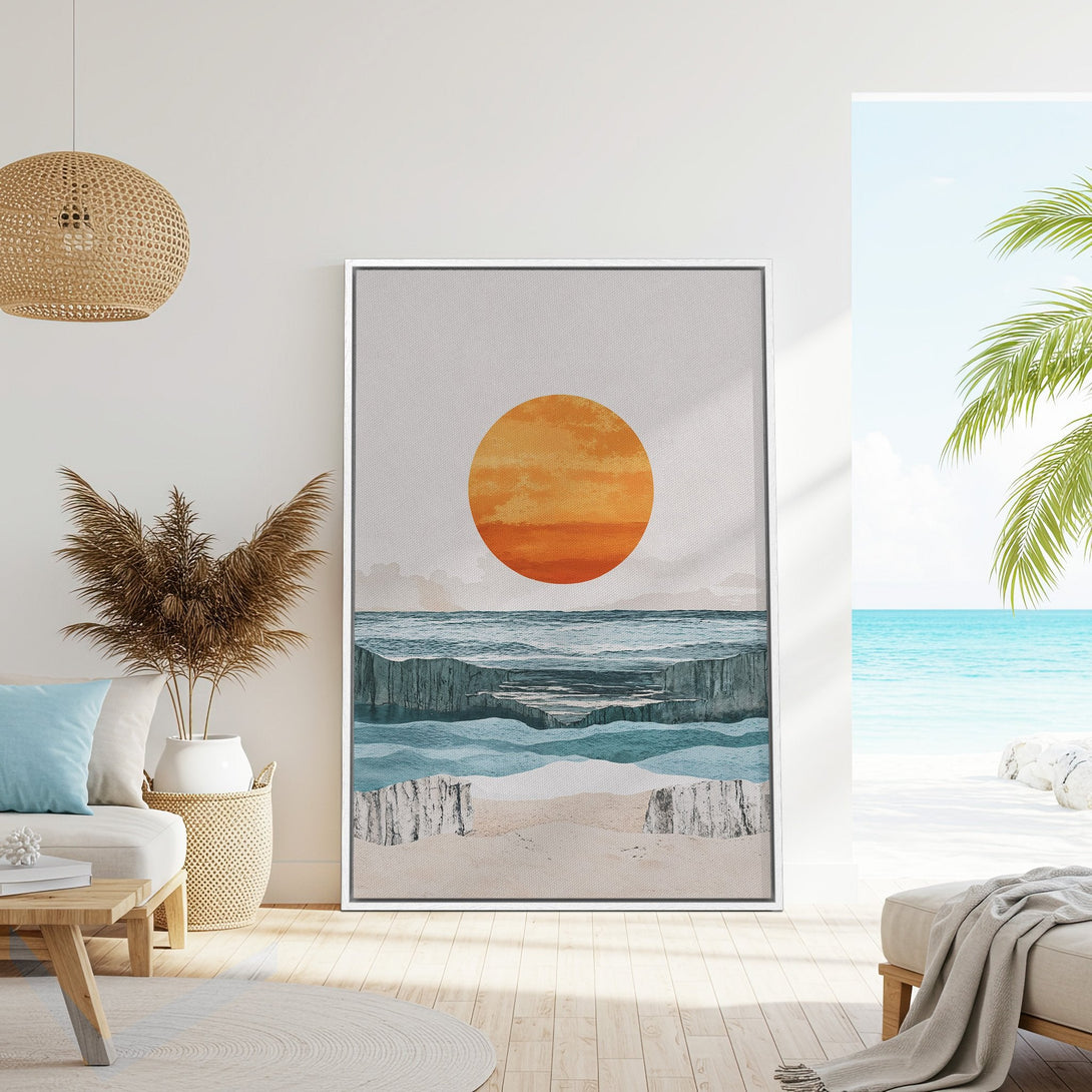 Framed Wall Art featuring a coastal landscape with an orange sun, teal water, and sandy beach. Modern art in a calming, neutral color palette.