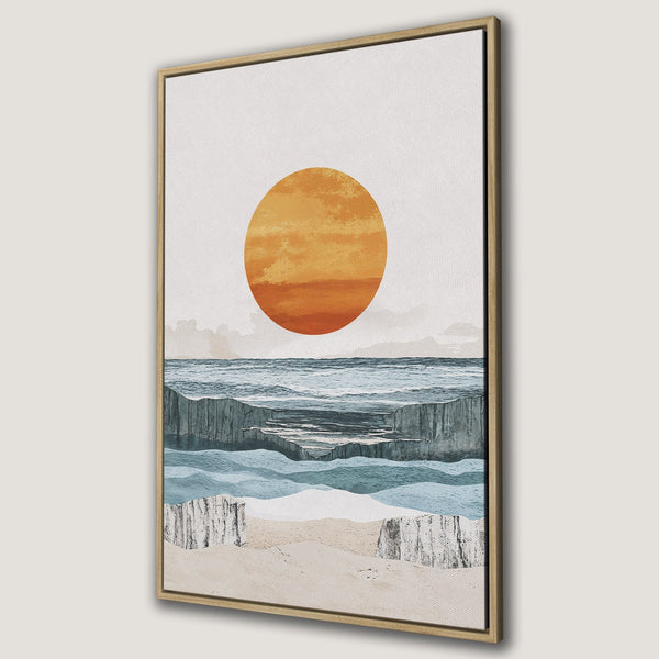 Framed Wall Art: Abstract landscape Canvas Print with warm sunset colors. Modern art piece featuring ocean and sun in a calming, neutral color palette.