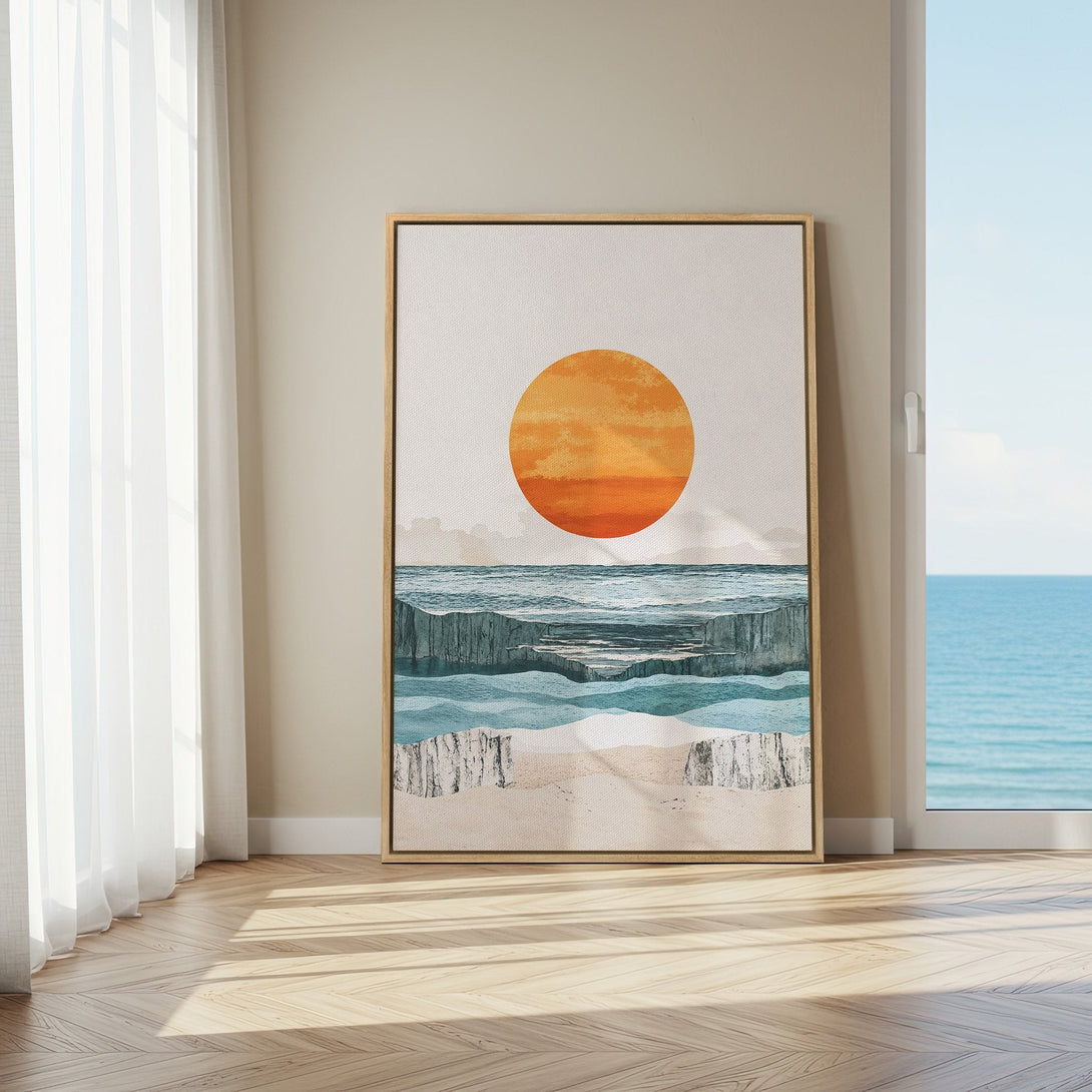 Framed Wall Art: Abstract sunset landscape canvas print in warm orange, blue, and beige tones. Modern art for your home decor.