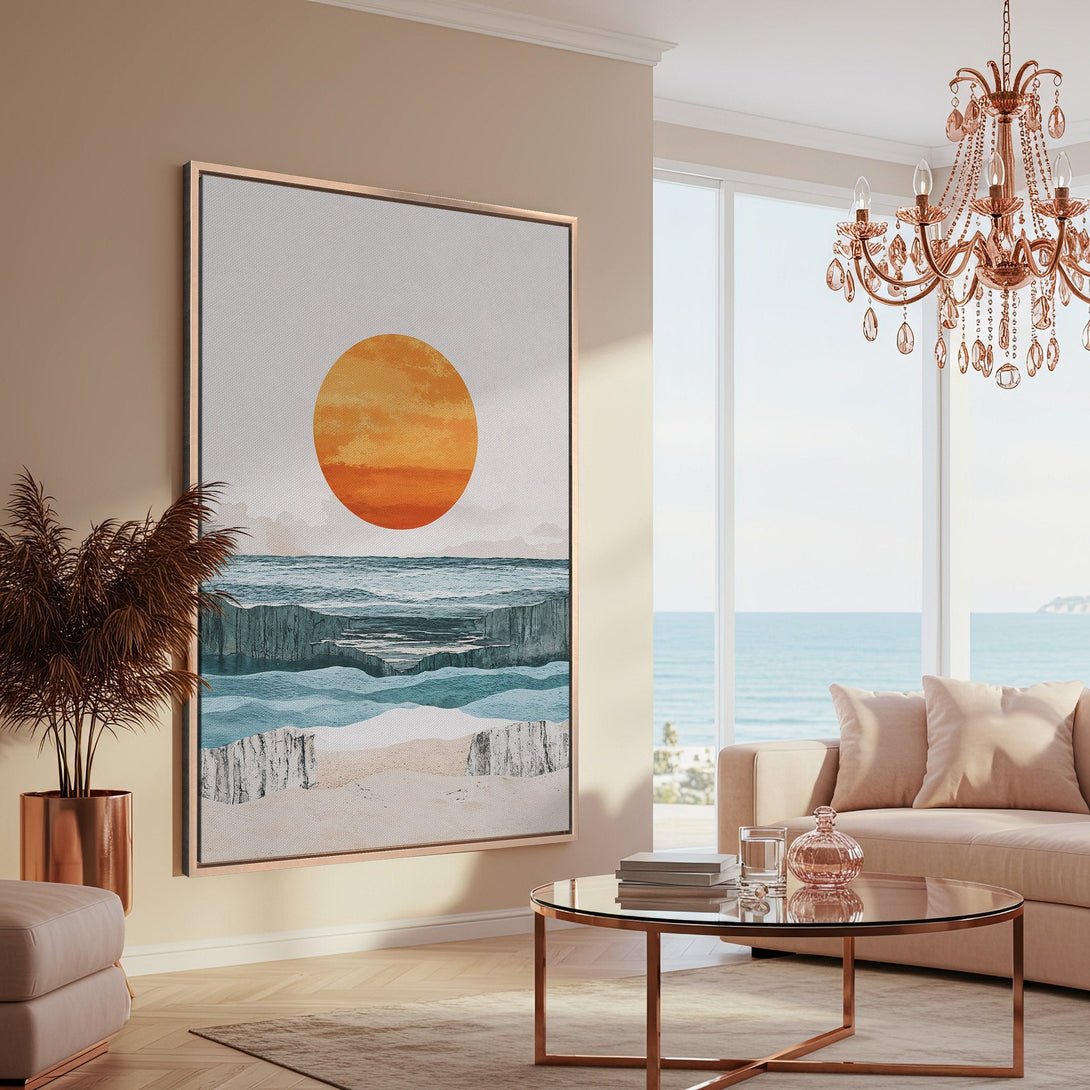 Framed Wall Art featuring a coastal landscape with a vibrant orange sun. Modern art in a neutral color palette, perfect for adding a touch of serenity to any space.