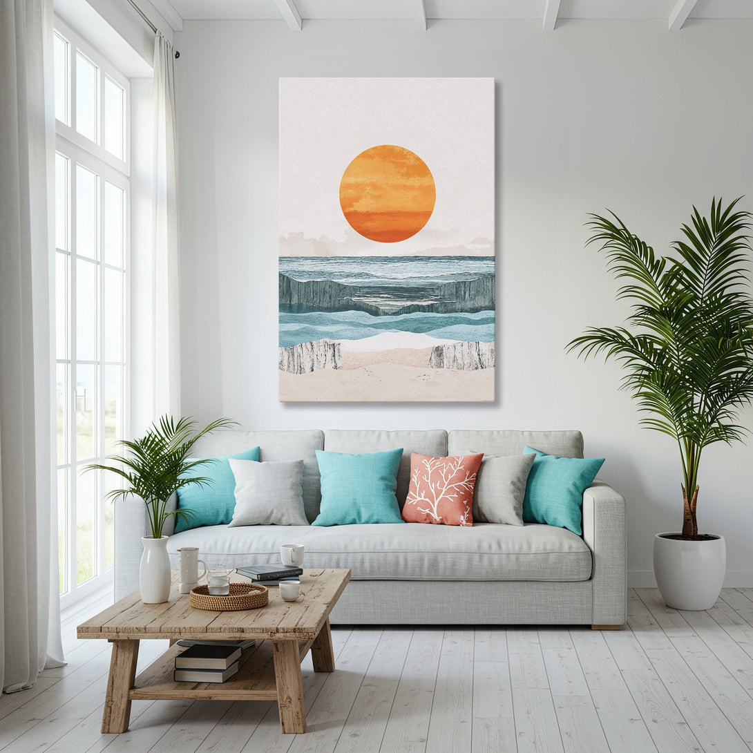 Framed Wall Art featuring an abstract coastal landscape with orange sun, teal water, and beige sand. Modern style, displayed in a bright interior.